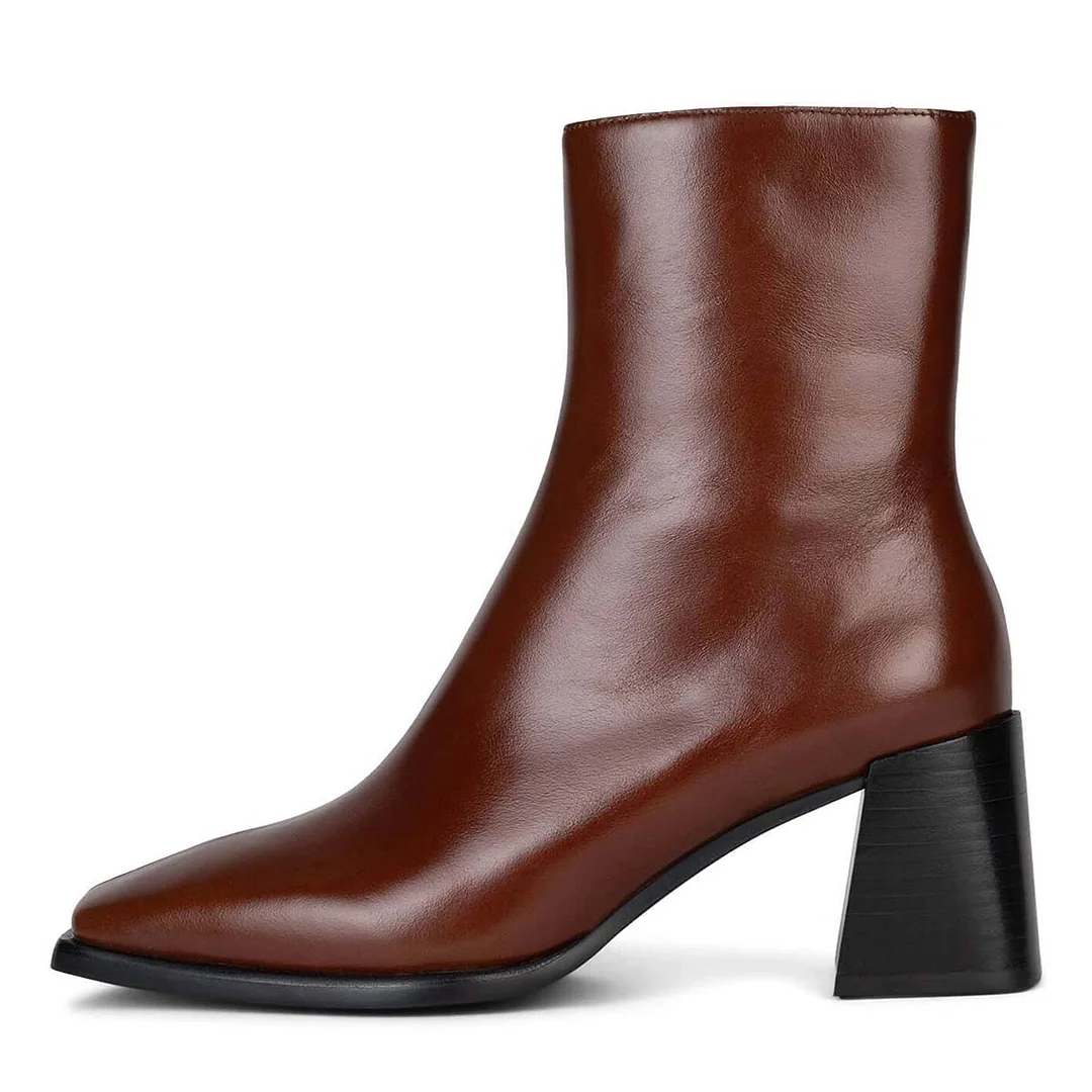 Classic Square Toe Chunky Heel Zipper Brown Short Boots for Women