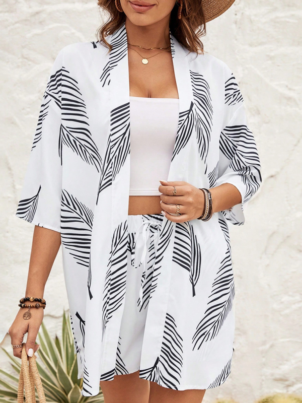 Mature Women Fashionable Printed Casual Resort Style Cardigan Shorts Suit