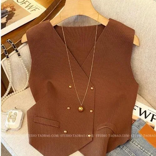 Uveng Uveng Style V Collar Knitted Shirt Vest Vest Women's Spring Shirt Folded Through The Cane Outside With Sleeveless Horse Clip Top