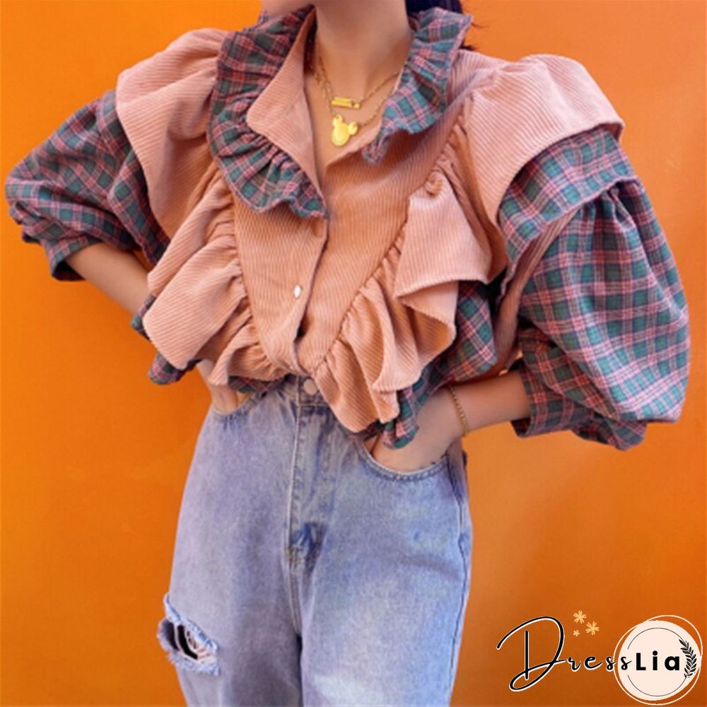 Retro Pink Plald Patchwork Shirts Women Tops Fall Korean Style Casual Loose Ruffled Long Sleeve Femme Shirts Fasion Design Shirt