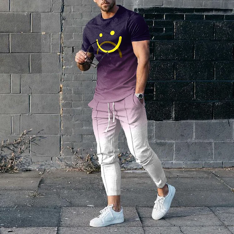 BrosWear Casual Purple Gradient T-Shirt And Pants Two Piece Set