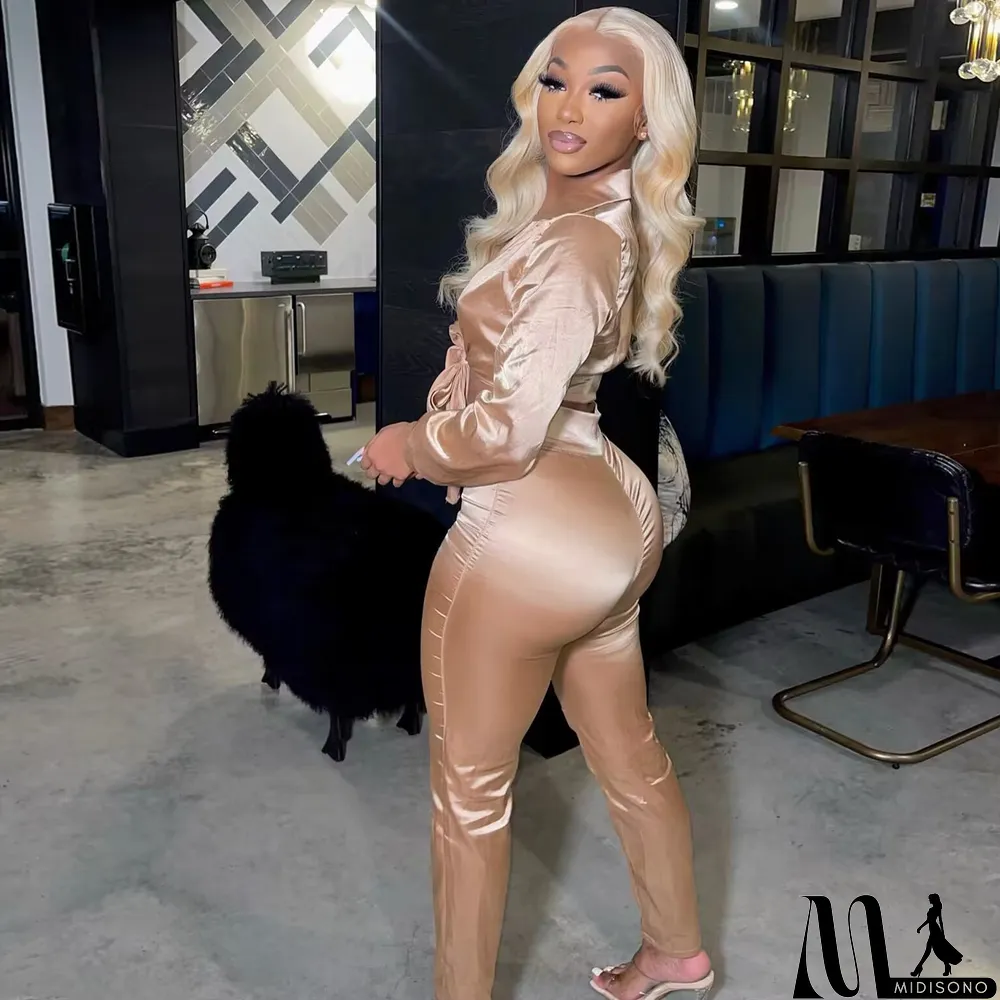 MidiSono - Sexy V-neck Lace-up Slim Two-piece Suit