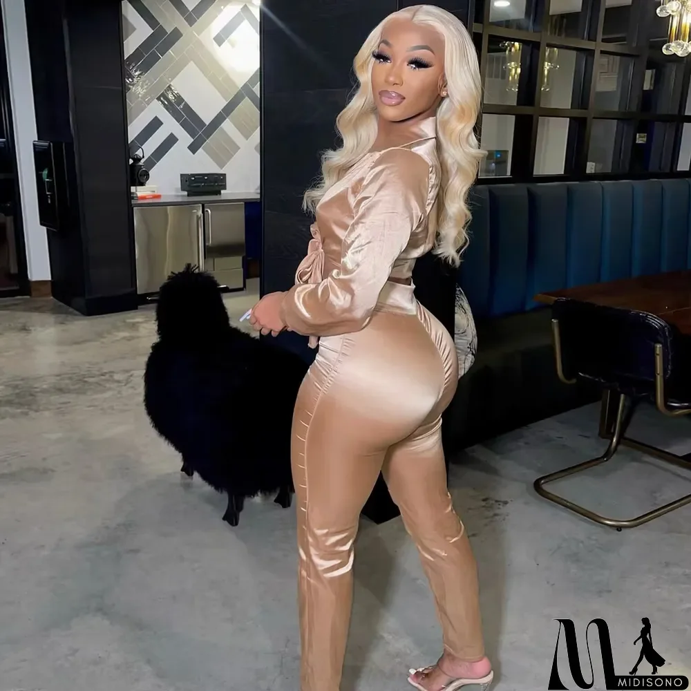 MidiSono - Sexy V-neck Lace-up Slim Two-piece Suit