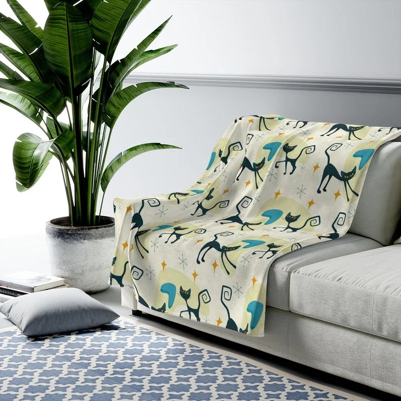 Atomic Cat Boomerang Retro Black Cat 50's MCM Mid Century Modern Cat Lover Gift Print Cream And Teal THIN Velveteen Plush Blanket