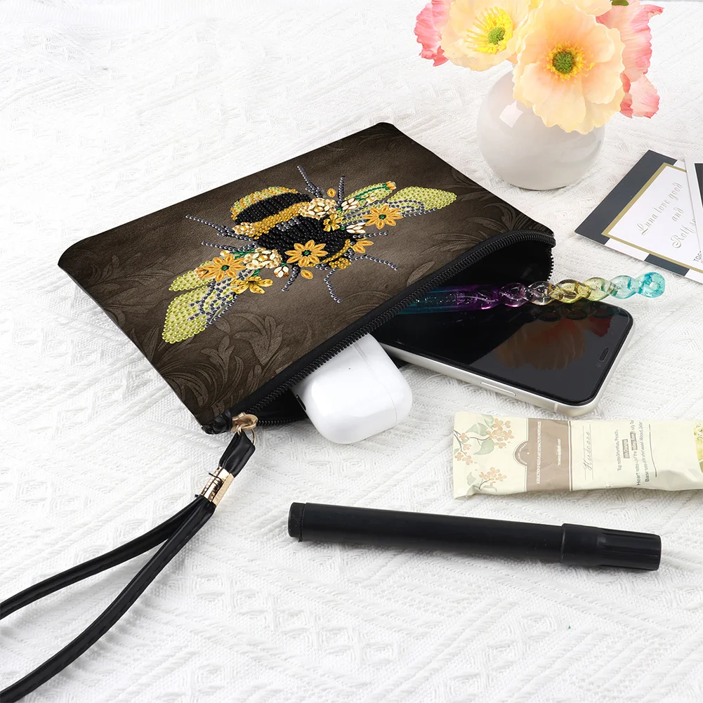 DIY Bee PU Partial Special Shaped Diamond Painting Wallet Makeup Bag