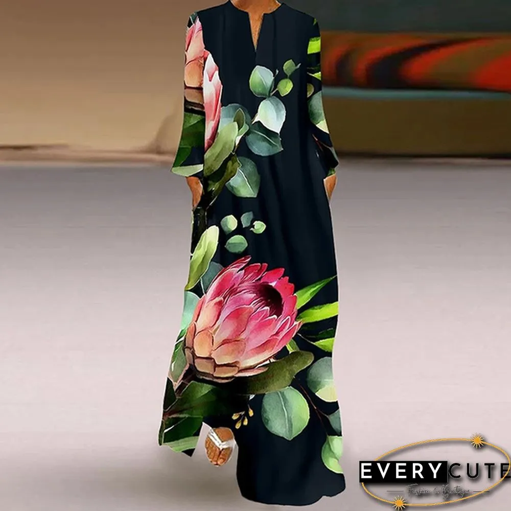 Women Spring Long Sleeved Floral Printed Plus Size Kaftan Dress Vintage Maxi Dresses