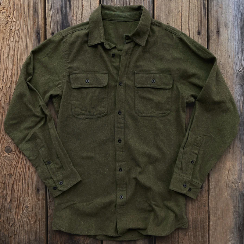 Vintage Olive Green Lapel Single Breasted Shirt