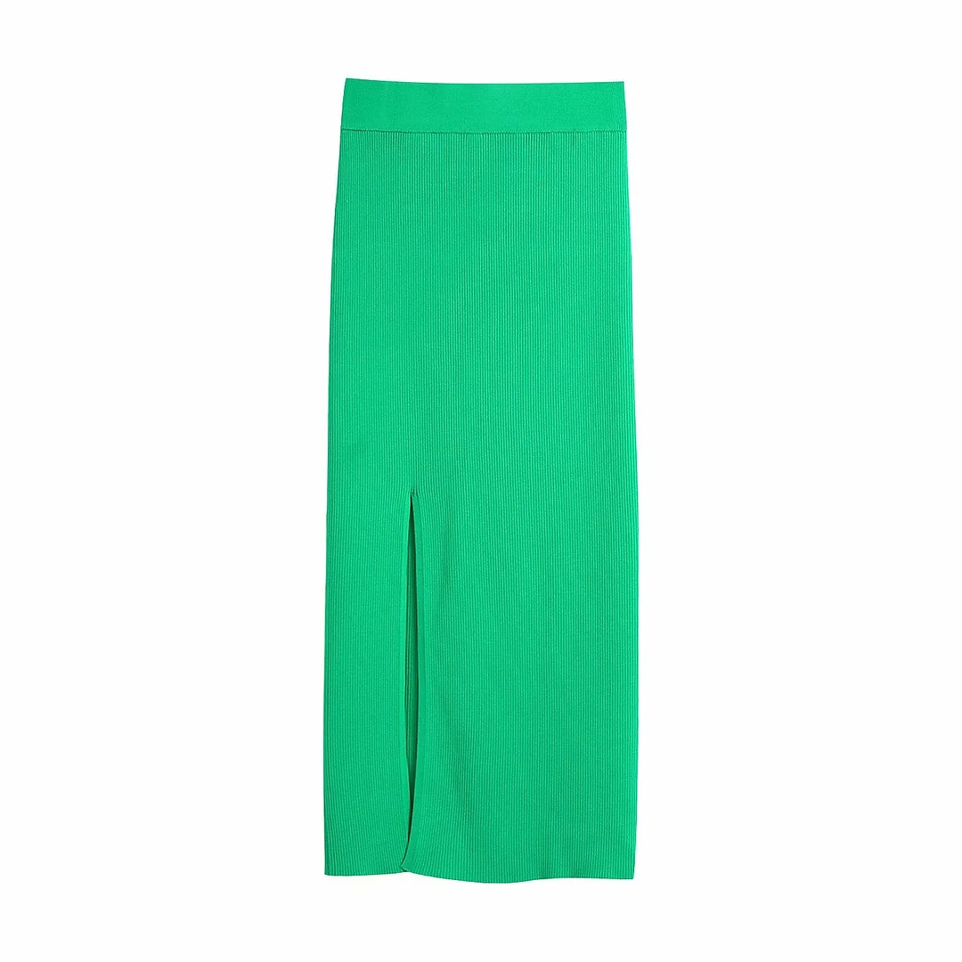 Zevity Women Fashion Green Color Split Knitting Sarong Skirt Faldas Mujer Female Chic Slim Hip Package Straight Vestidos QUN806