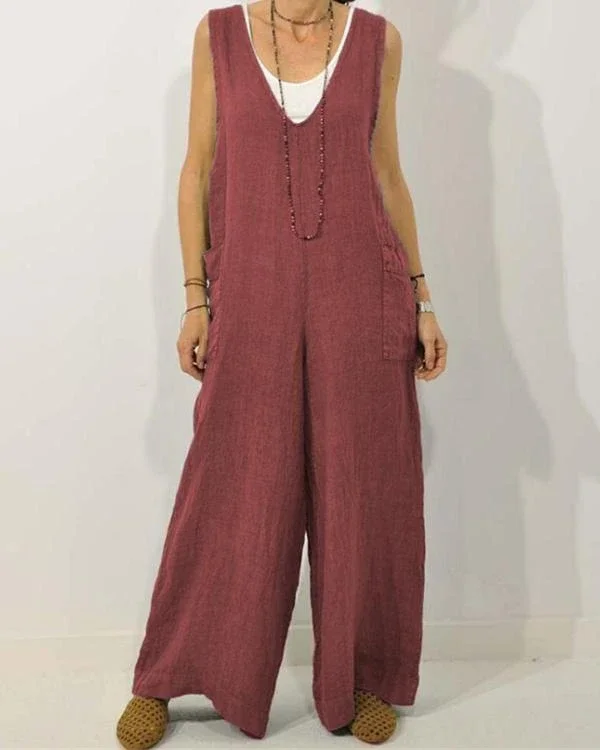 women casual cotton v neck sleeveless solid jumpsuit p105618