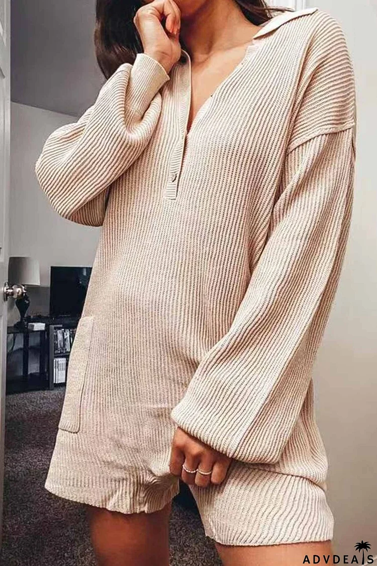 Lapel Long Sleeve Button-down Ribbed Rompers