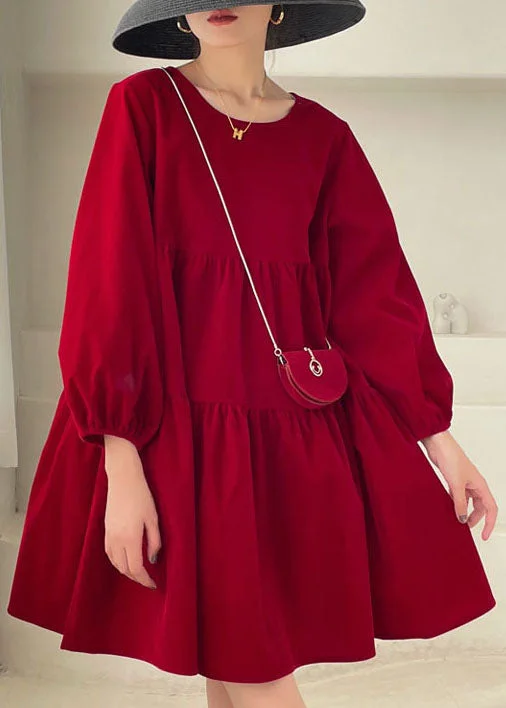 Red Patchwork Velour Mini Dress Puff Sleeve