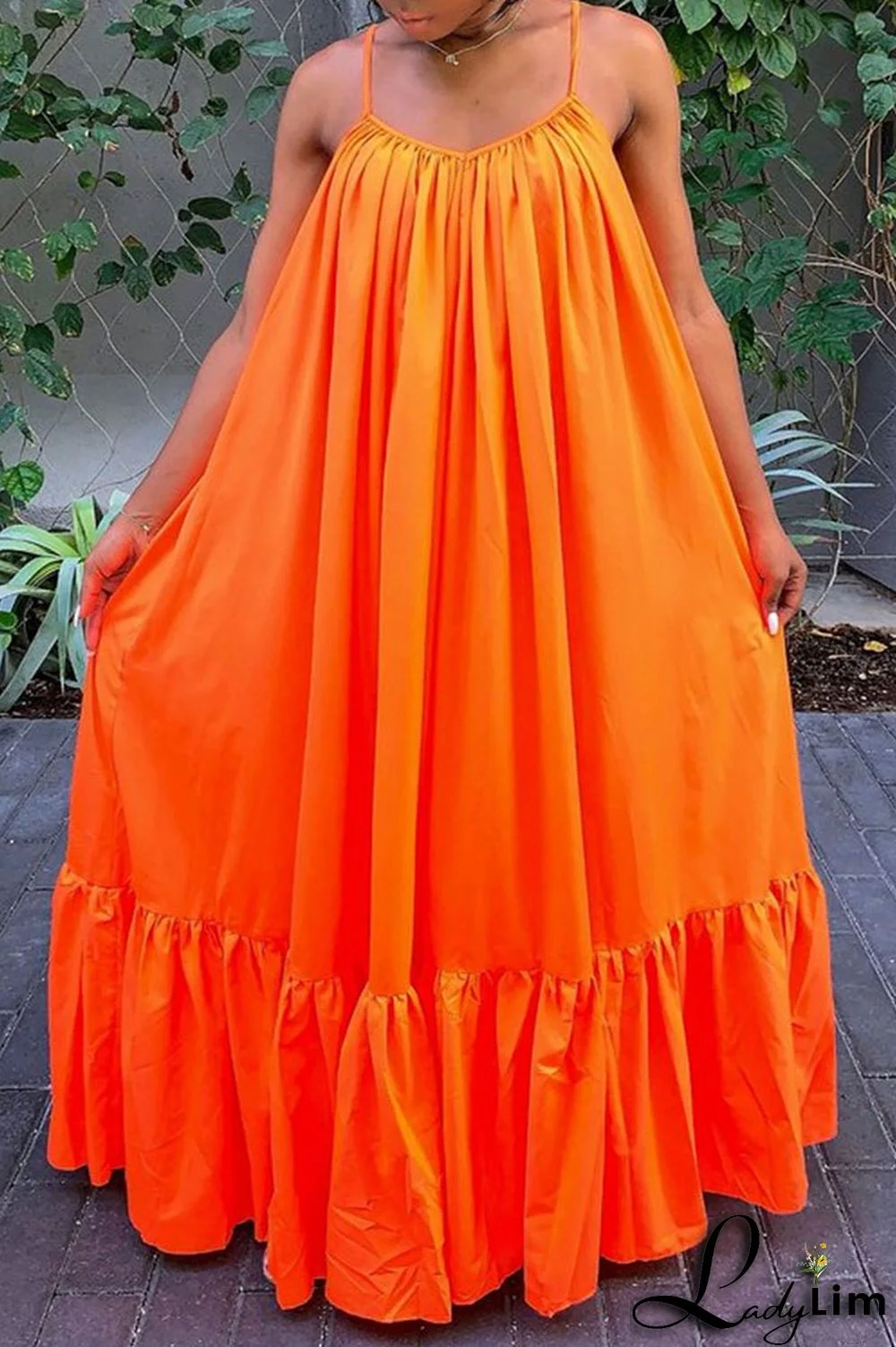 Tangerine Sexy Solid Patchwork Flounce Spaghetti Strap Sling Dress Plus Size Dresses