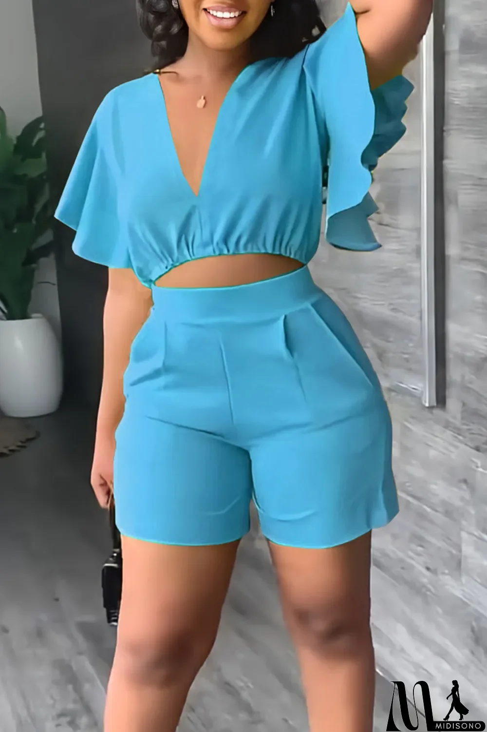 MidiSono - Yellow Casual Solid Patchwork Flounce V Neck Short Sleeve Two Pieces