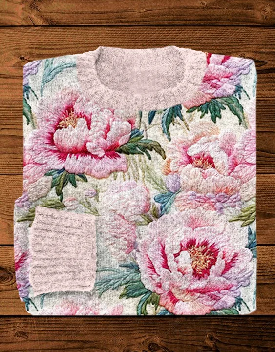 Comstylish Peony Flower Pattern Cozy Sweater