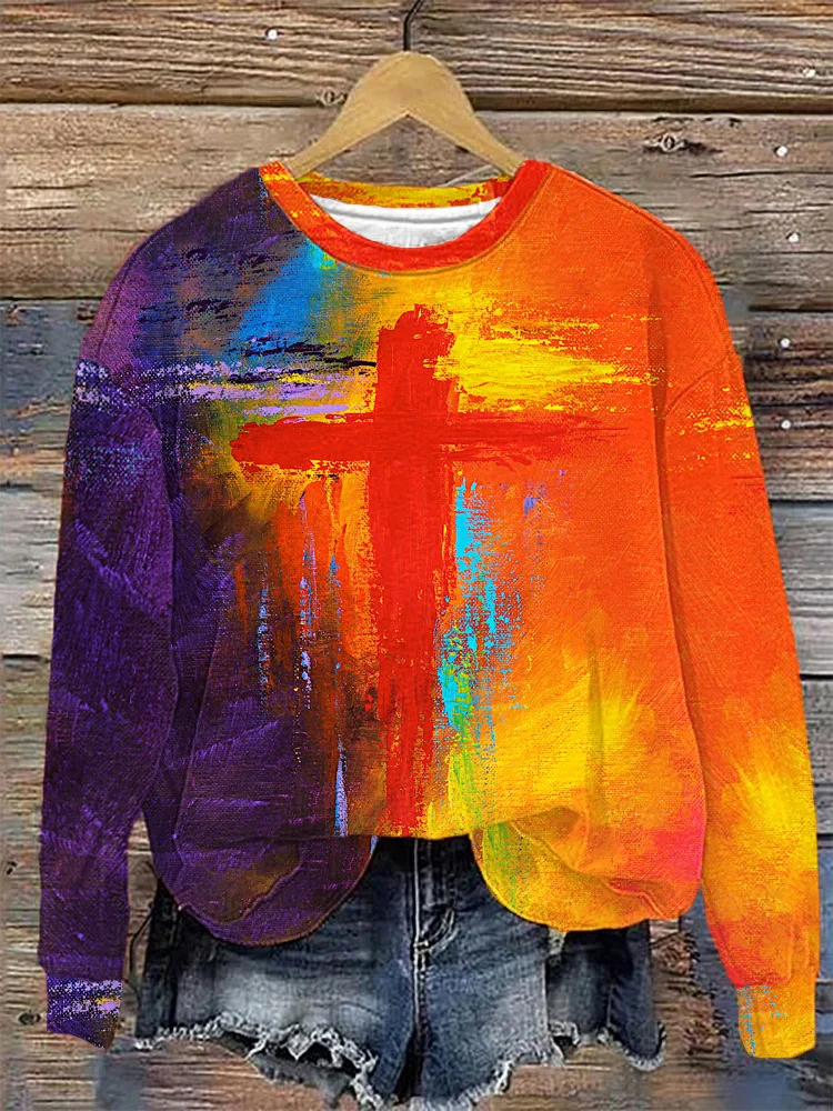 Comstylish Color Oil Painting Faith Cross Print Casual Sweater