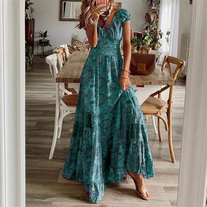 Uveng V-neck Tight Waist Floral Large Dresses