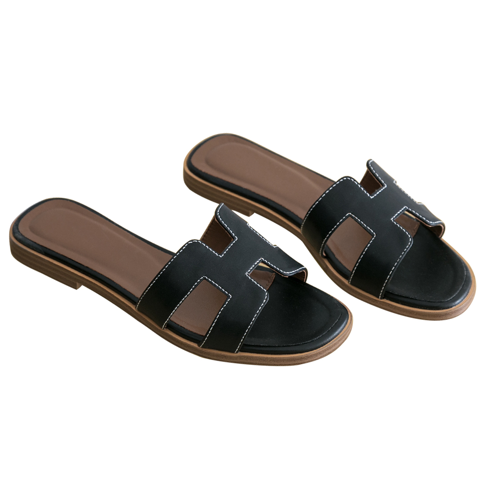 H-shape Leather Slipper Black Matte-vocosishoes