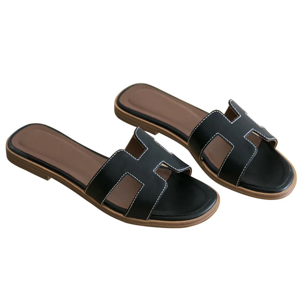 H-shape Leather Slipper Black Matte-vocosishoes