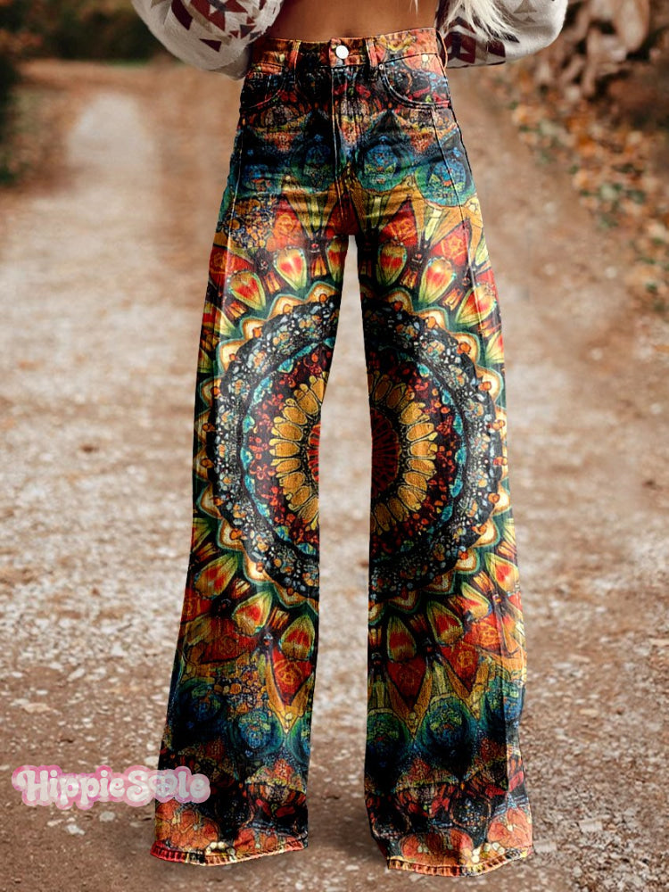 Women’s Retro Ethnic Totem Pattern Love And Peace Print Casual Wide Leg Pants Multicolor / Xs