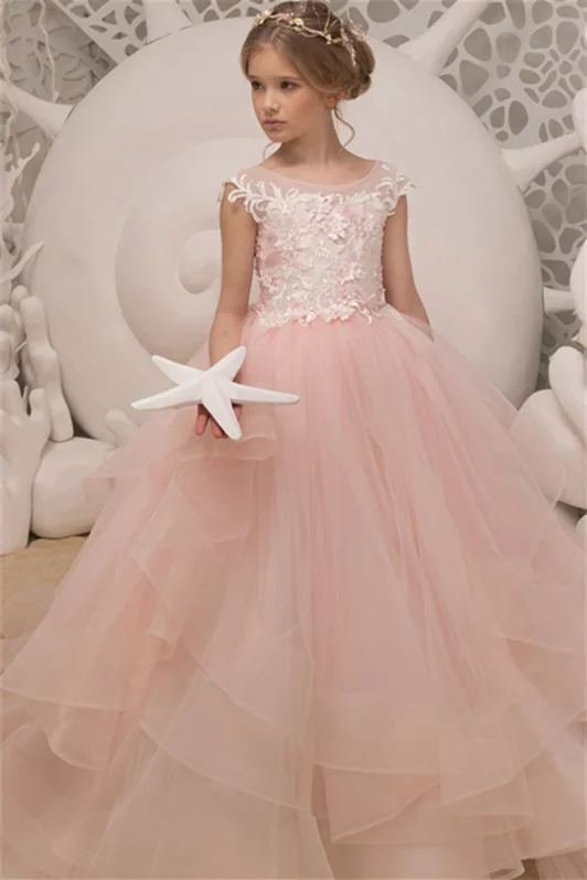 Lovely Pink Tulle Flower Girl Dress Princess With Lace Appliques - lulusllly