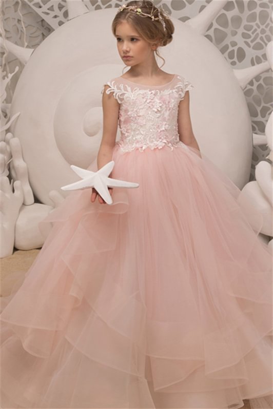 Luluslly Pink Tulle Flower Girl Dress Princess With Lace Appliques