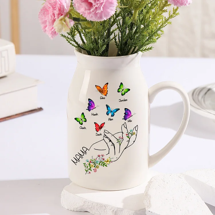 Kettenmachen Personalisierte 7 Namen & Text Schmetterlings in der Hand Familie Vase