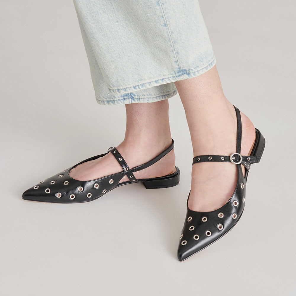 Black Vegan Leather Pointed Toe Flat Studded Slingback Shoes Nicepairs