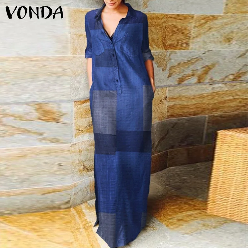 Demin Sundress 2022 Women Casual Turn Down Neck Long Sleeve Solid Dresses VONDA Loose Beach Sundress Bohemian Party Vestidos