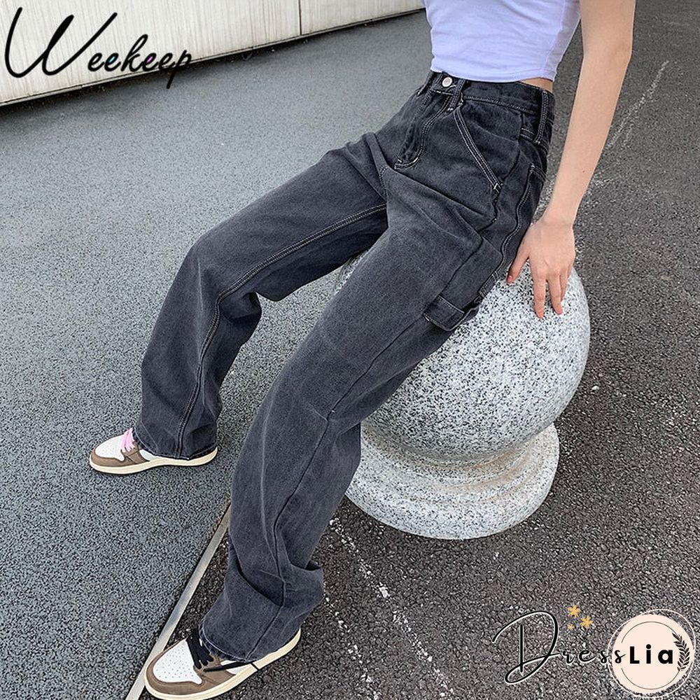Weekeep Wide-leg Straigh Gray Women's Jeans High Waist High Street Pants Loose Large Pocket Full Length Jeans Women