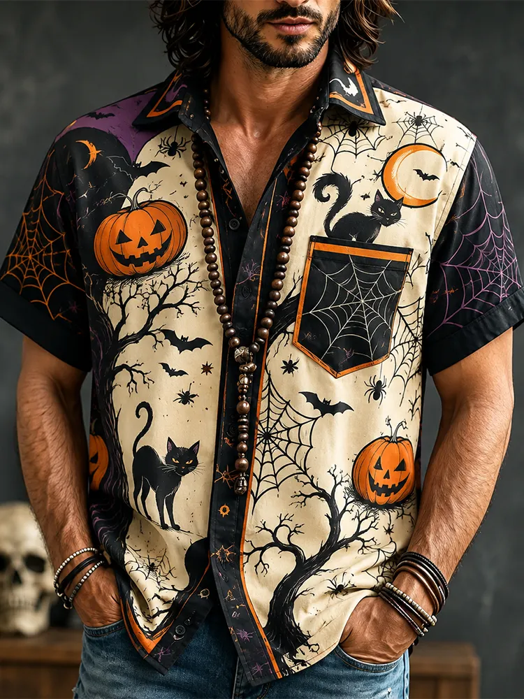 Men's Short Sleeve Lapel Casual Shirt In Off-white With Halloween Black Cat, Spiderweb, And Pumpkin Print
