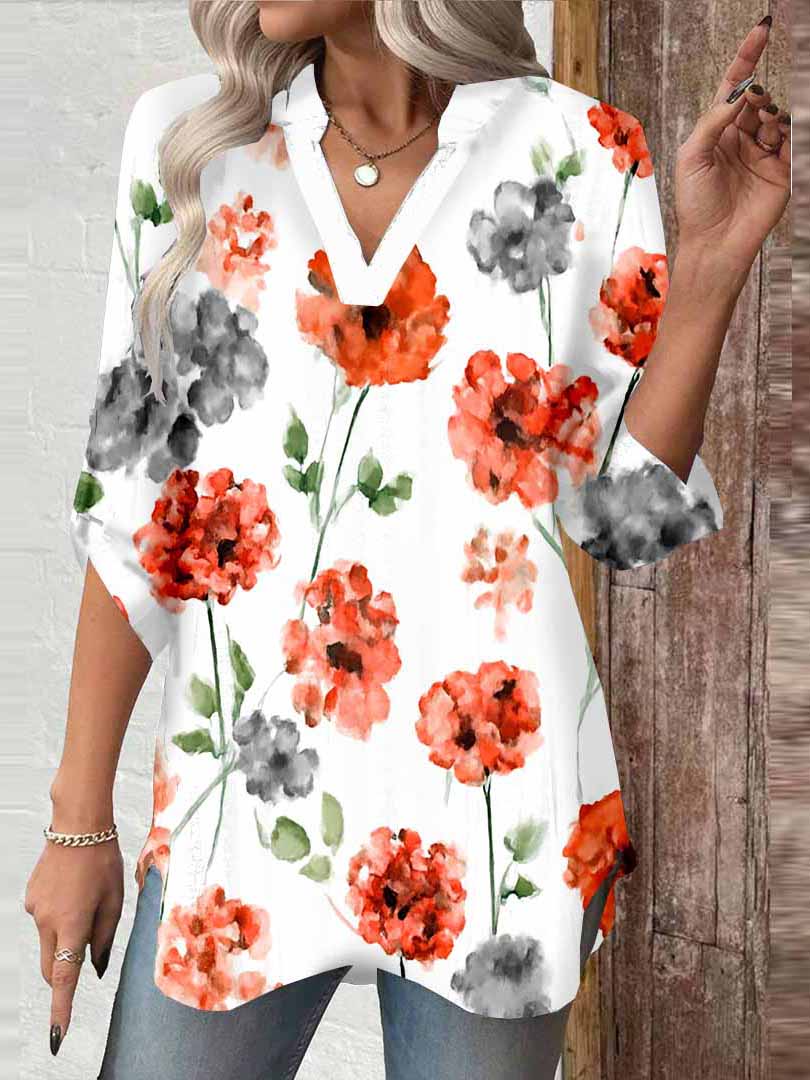 Women Floral,Red DZGA0019 3/4 Sleeve V-neck Printed Graphic Button Tops