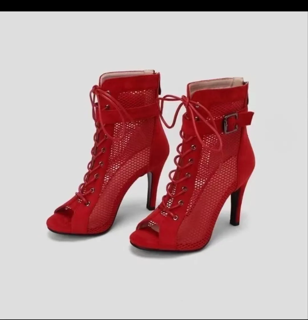 Churchf Churchf 2023 New Mesh Yarn Fish Mouth Sandals Female Summer Thin Heel Hollow-Out Ankle Boots Jazz Dance Dance High Heels