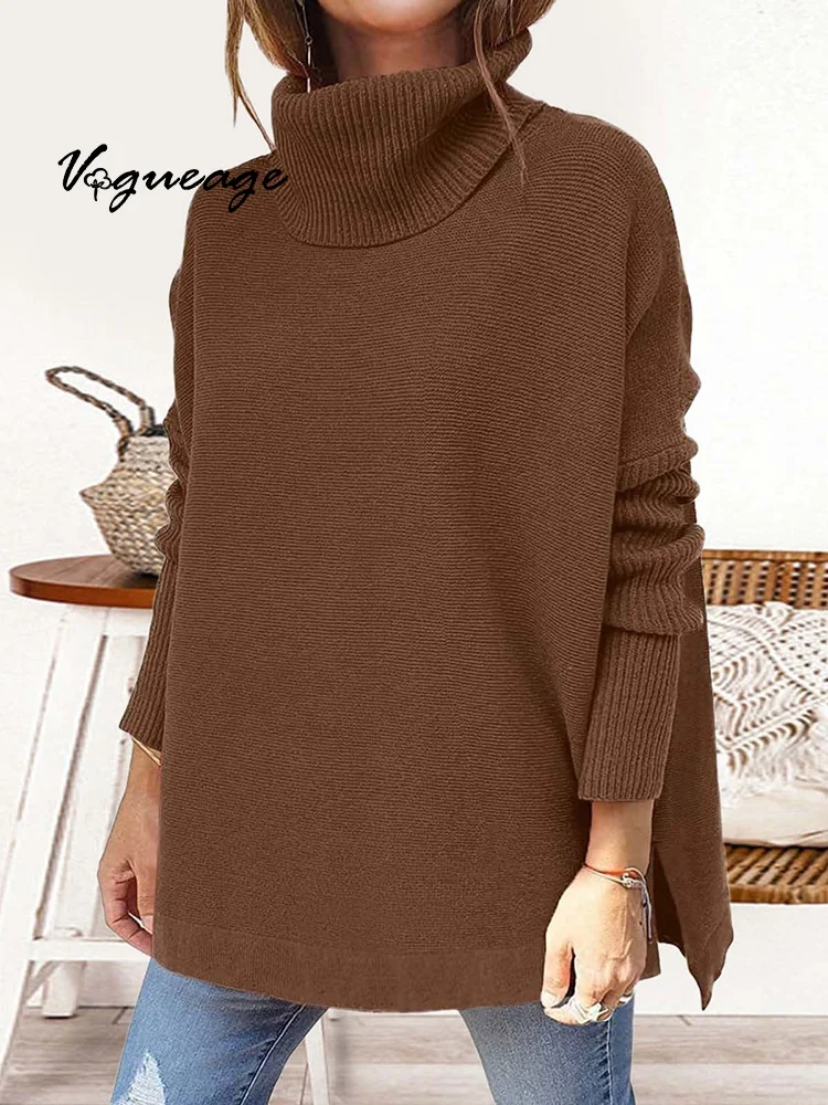 Turtleneck Oversized Sweater Mid-Length Batwing Sleeves Slit Hem Waist Pullover Sweater