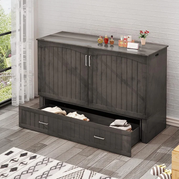 PUREMIND Murphy Bed Cabinet with Built-in Charging Station and Storage Drawer, Solid Wood Cabinet Bed Queen Size with Mattress, Murphy Cube Chest Bed for Guest Room, Home, Office(Style 3/Gray)