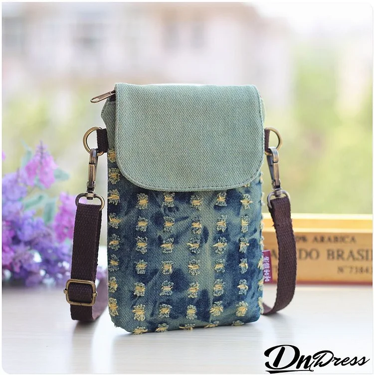 Women Cute Hole Design Cartoon Pattern Denim Crossbody Bag