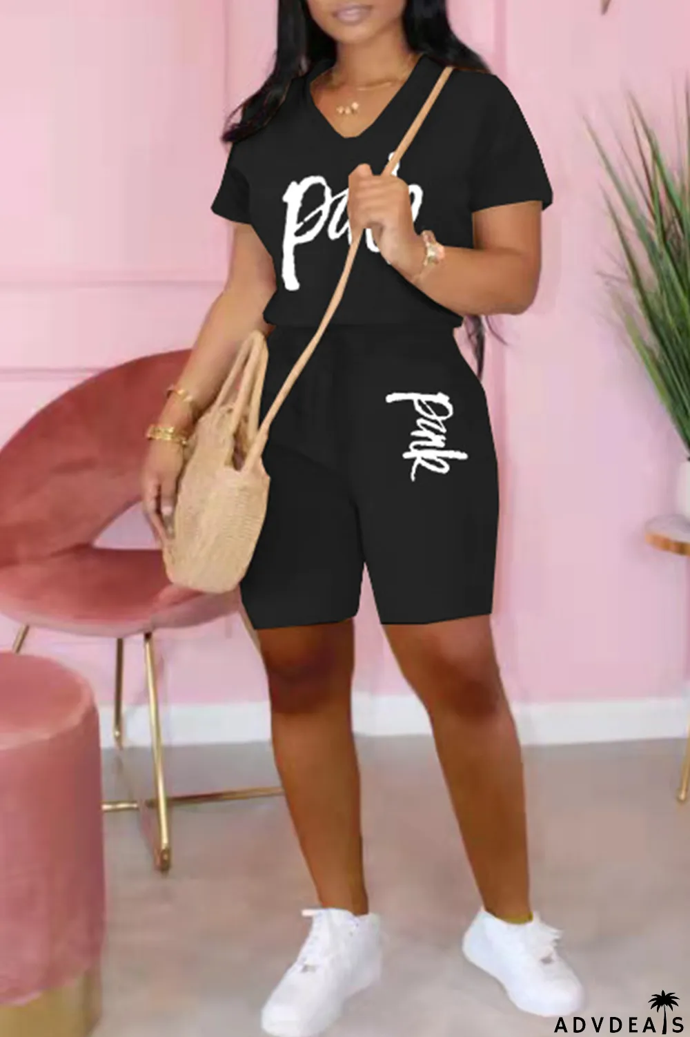 Apricot Fashion Casual Letter Print Basic V Neck Short Sleeve Two Pieces