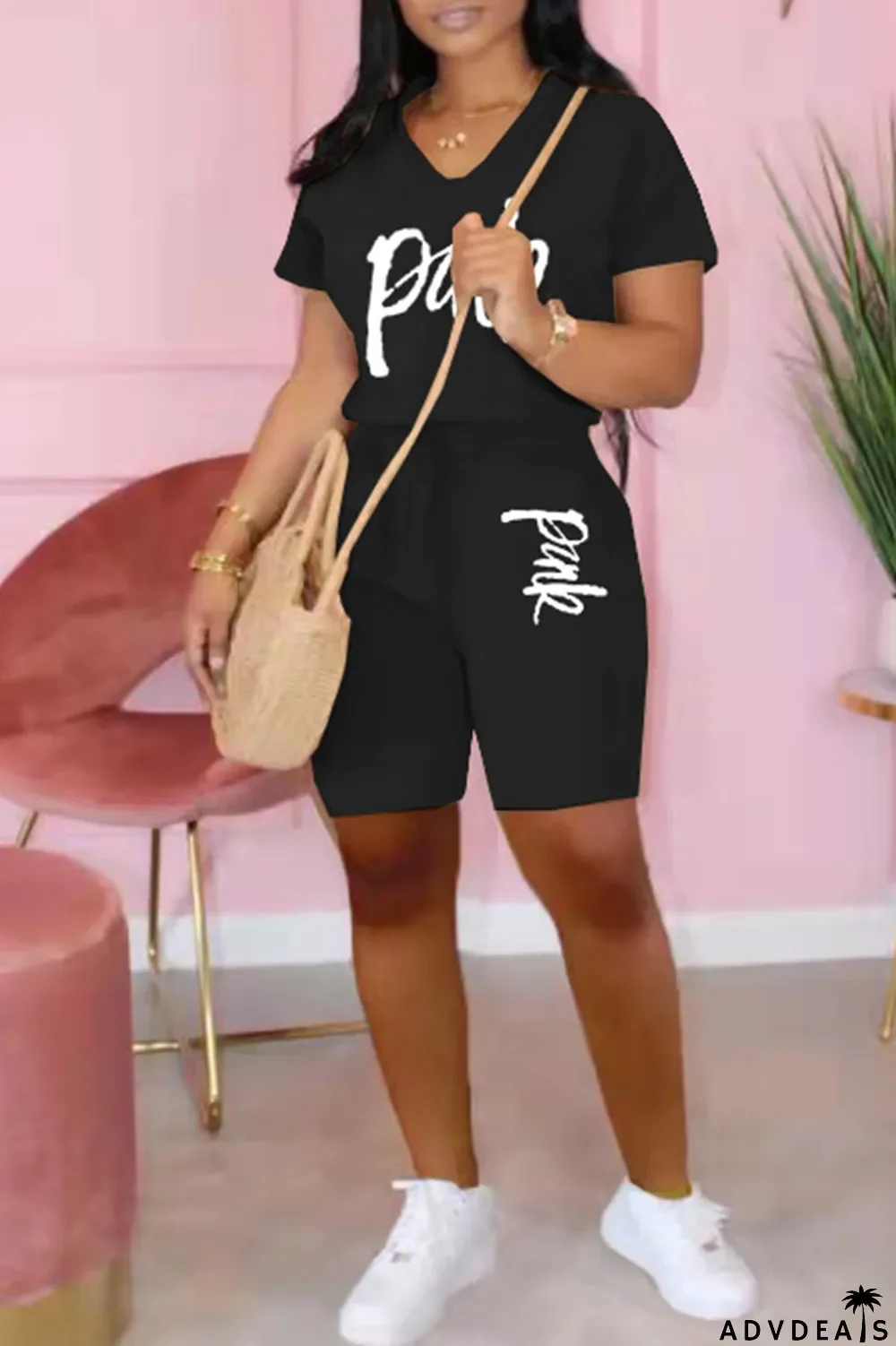 Apricot Fashion Casual Letter Print Basic V Neck Short Sleeve Two Pieces