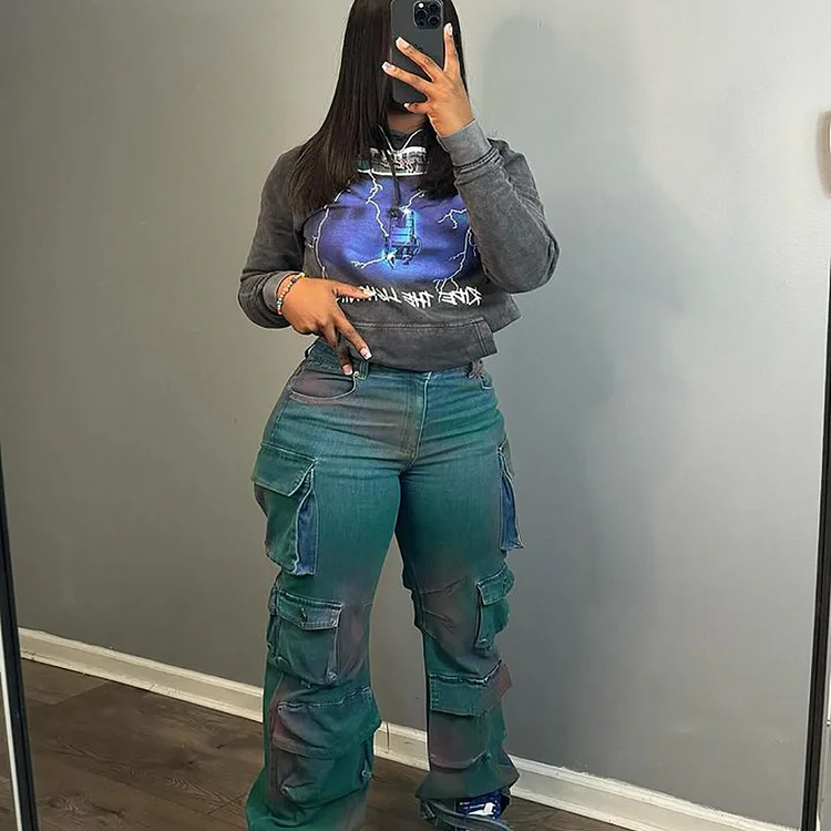 Trendy Statement Piece! EU/US Multi-Pocket Tie-Dye High-Waisted Straight Jeans | Blue In-Stock👖