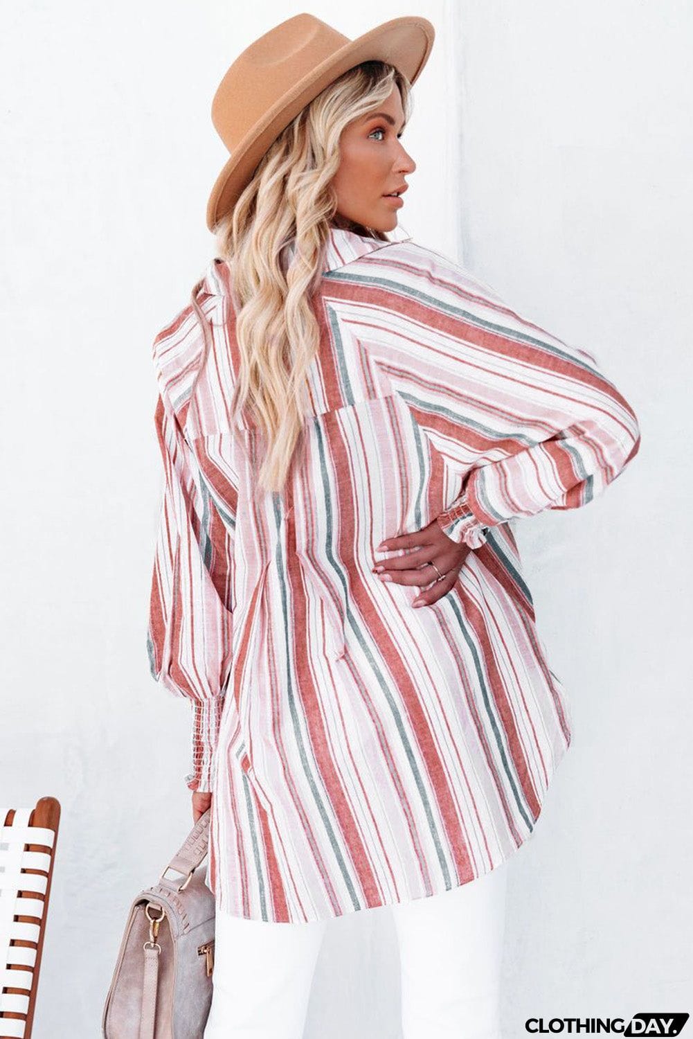 Pocketed Striped Button Shirt with Slits
