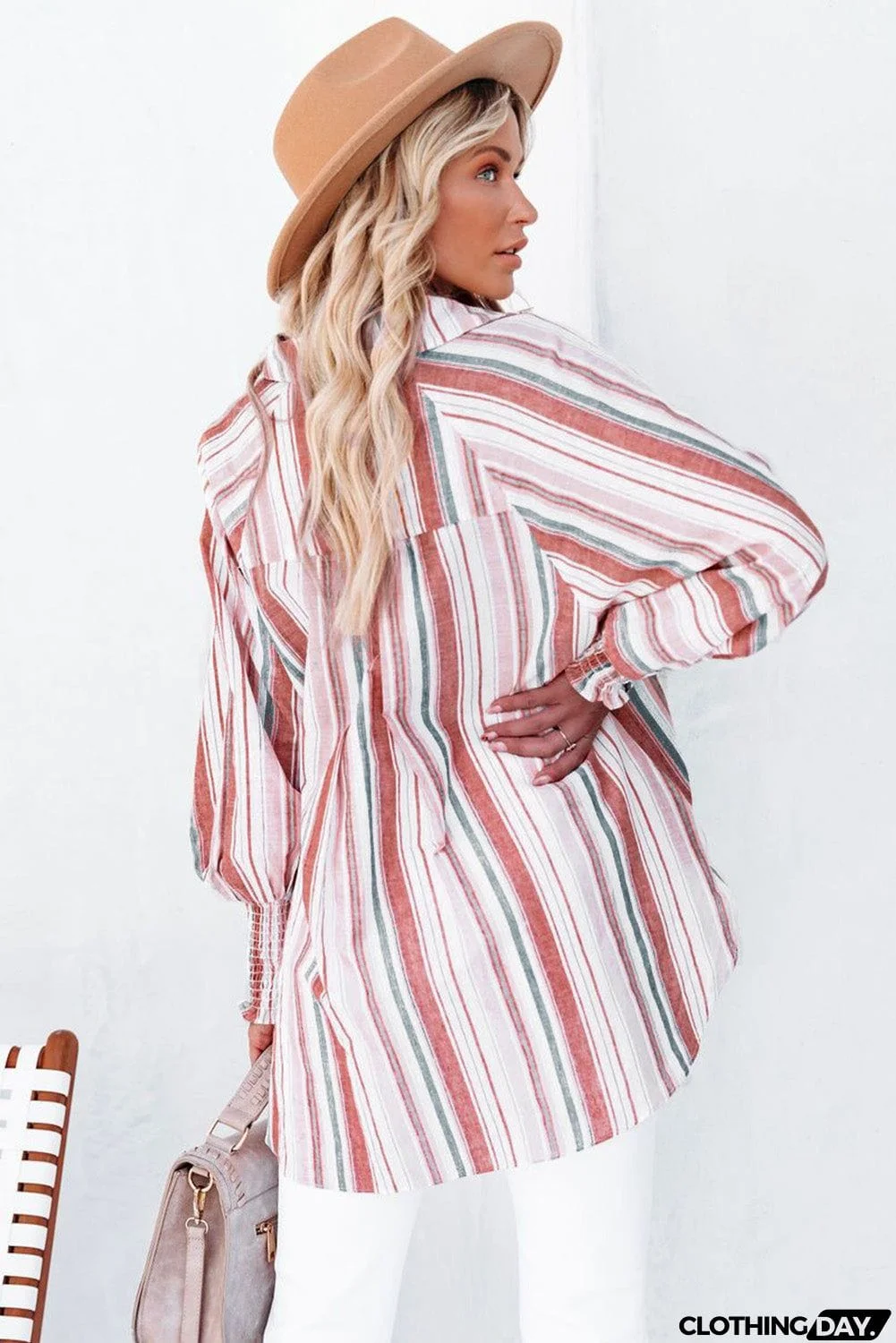 Pocketed Striped Button Shirt with Slits
