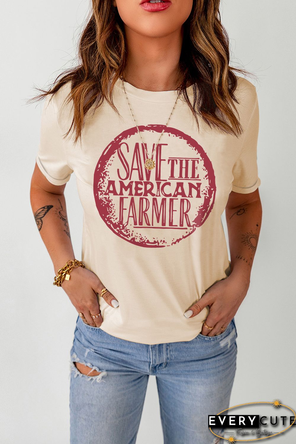 Khaki SAVE THE AMERICAN FARMER Graphic Print Tee