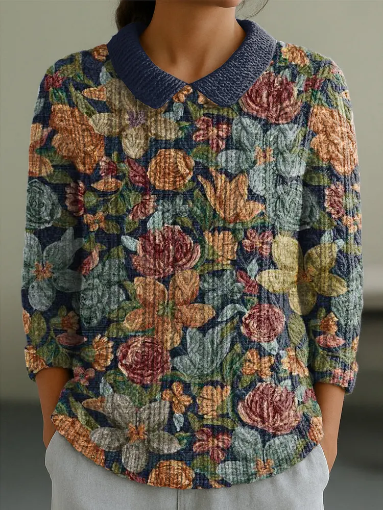 Women's Beautiful Vintage Floral Painting Art Print Casual Peter Pan Collar 3/4 Sleeve Sweater