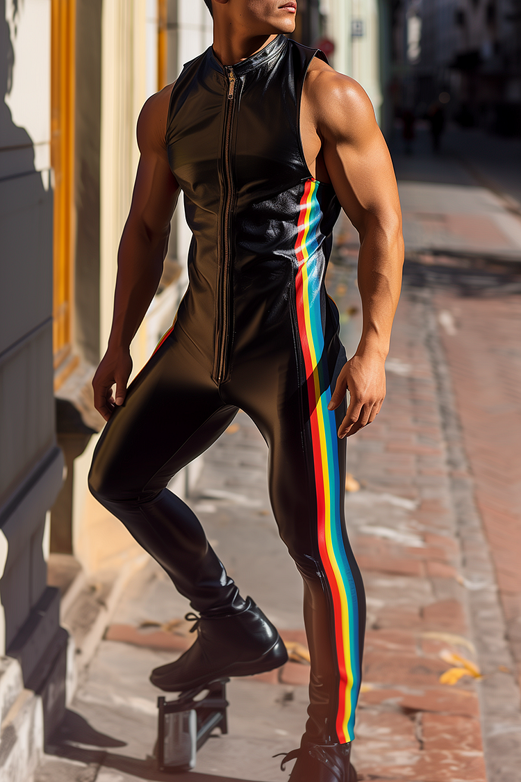 Rainbow Stripe Print Sleeveless Zipper Slim-Fit Jumpsuit [Pre-Order]