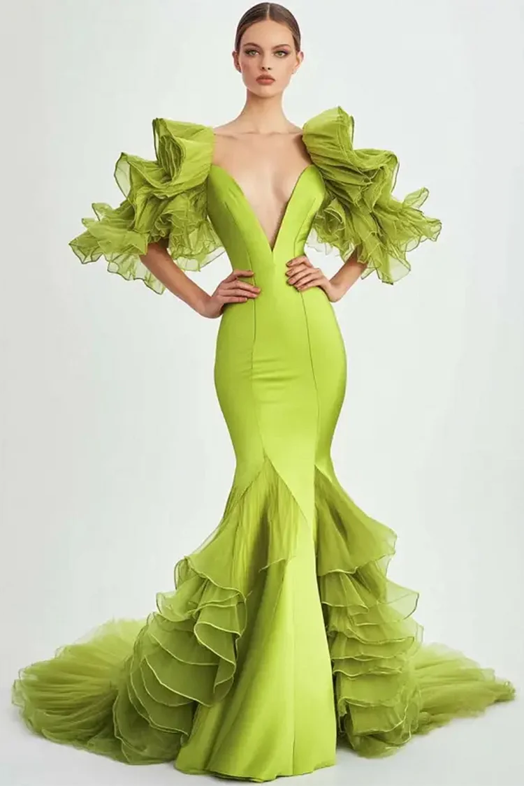 Deep V Neck Layered Mermaid Maxi Dress-Green [Custom-Made]