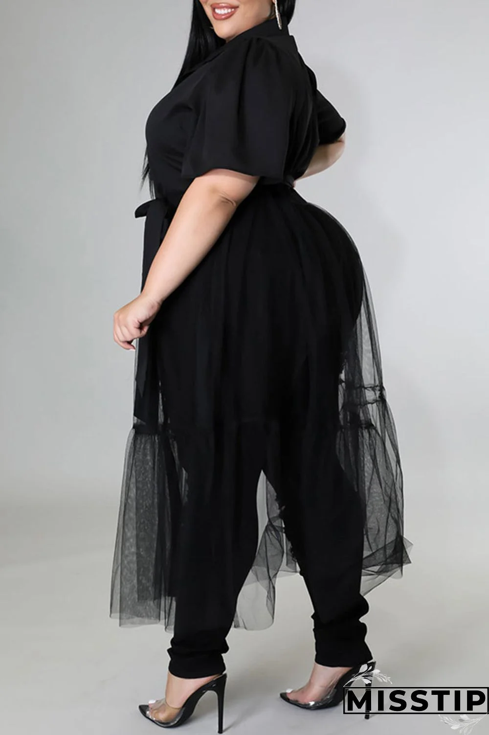 Black Casual Solid Patchwork Buckle Turndown Collar Plus Size Dresses