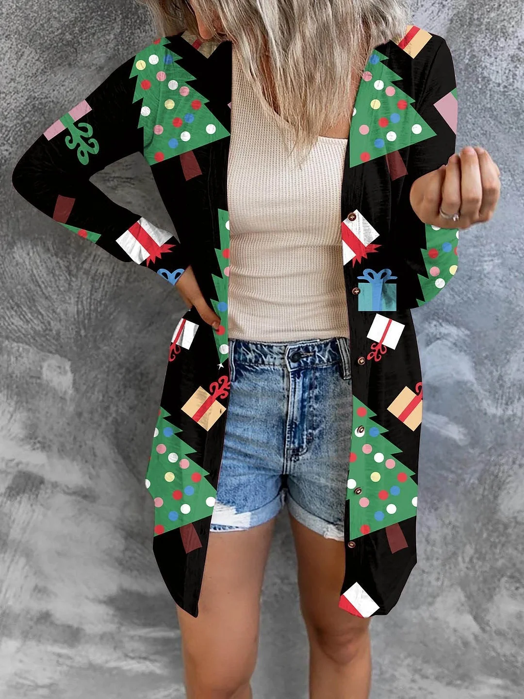 Women's Christmas Printing Fashion Button Long Sleeve Cardigan