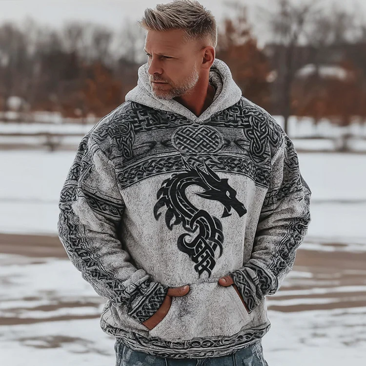 Men's Retro Viking Celtic Style Dragon Pattern Comfortable Hooded Sweatshirt