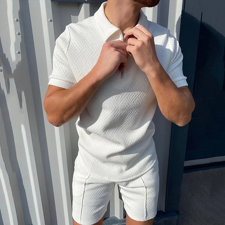 BrosWear Fashion White Texture Zipper Short Sleeve Polo Shirt And Short Co-Ord