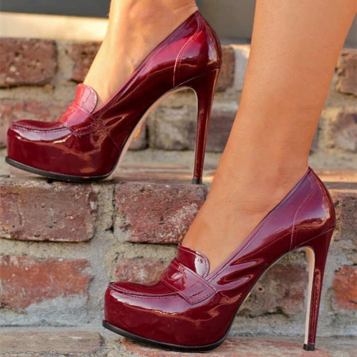 Burgundy Patent Leather Platform Stiletto Heeled Loafers for Women |FSJ Shoes