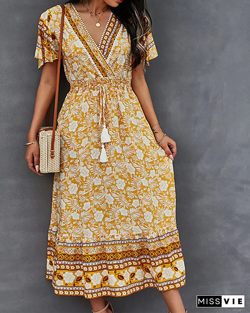 Casual Vintage Boho V-Neck Print Dress